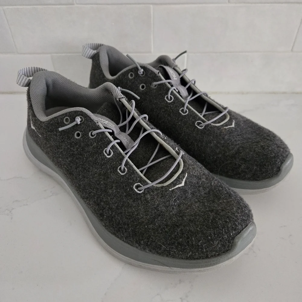 Hoka Hupana Flow Wool Athletic Casual Sneakers Walking Shoes Gray Speed Laces